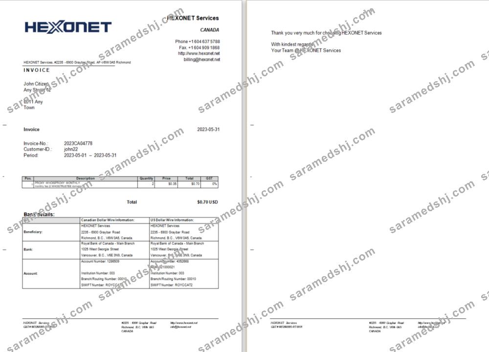 Canada Hexonet Services invoice Word and PDF template